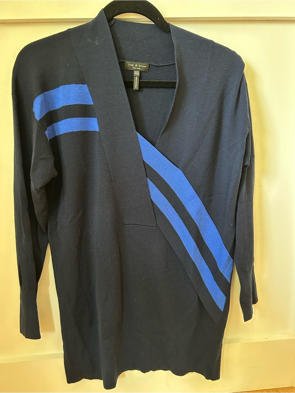 rag & bone wool Navy V-Neck Sweater with Royal Blue Stripe Accent